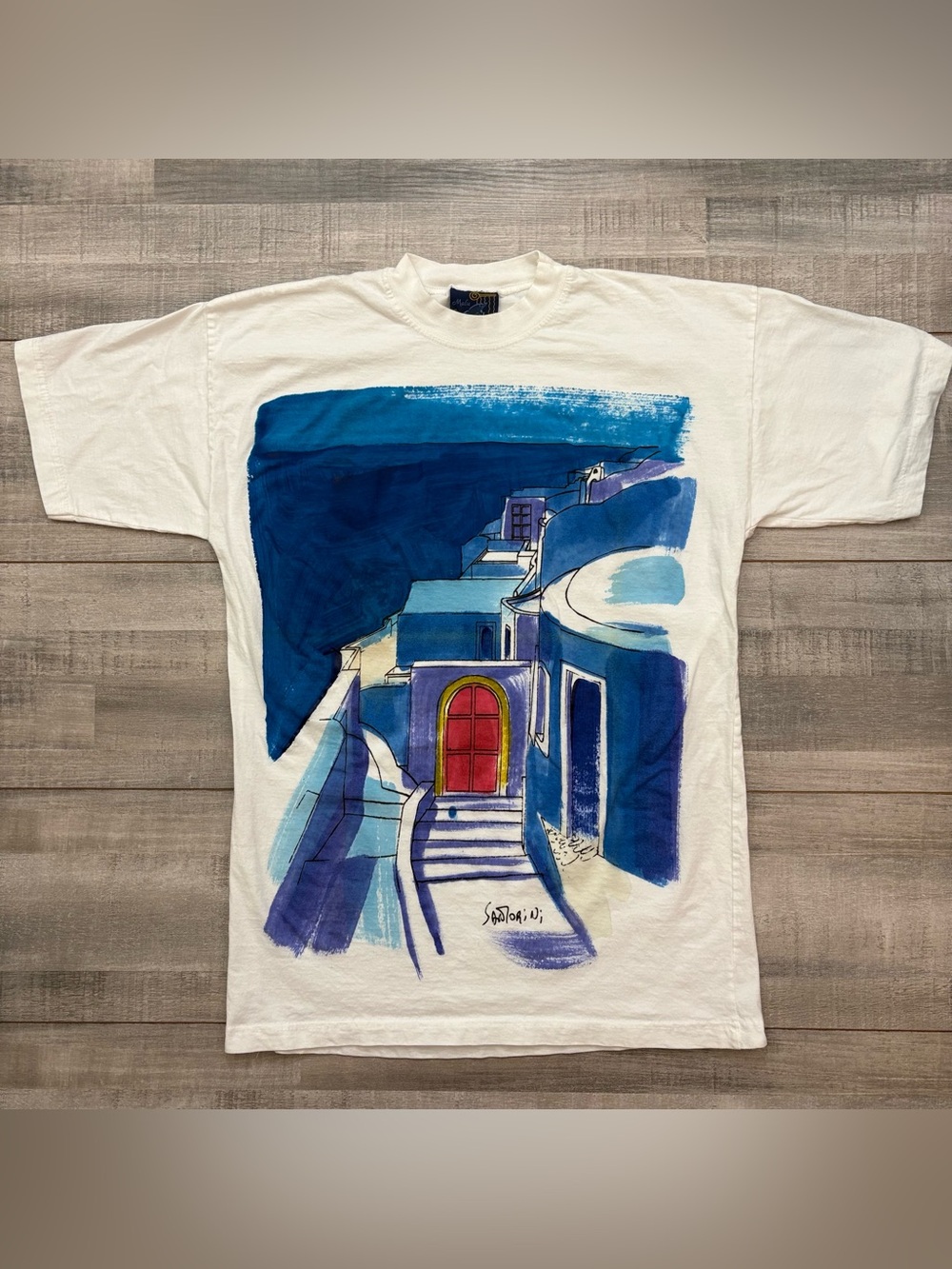 Vintage 90s Greece Santorini Malu T-shirt Men’s Size S Hand-Painted Art Tourist
